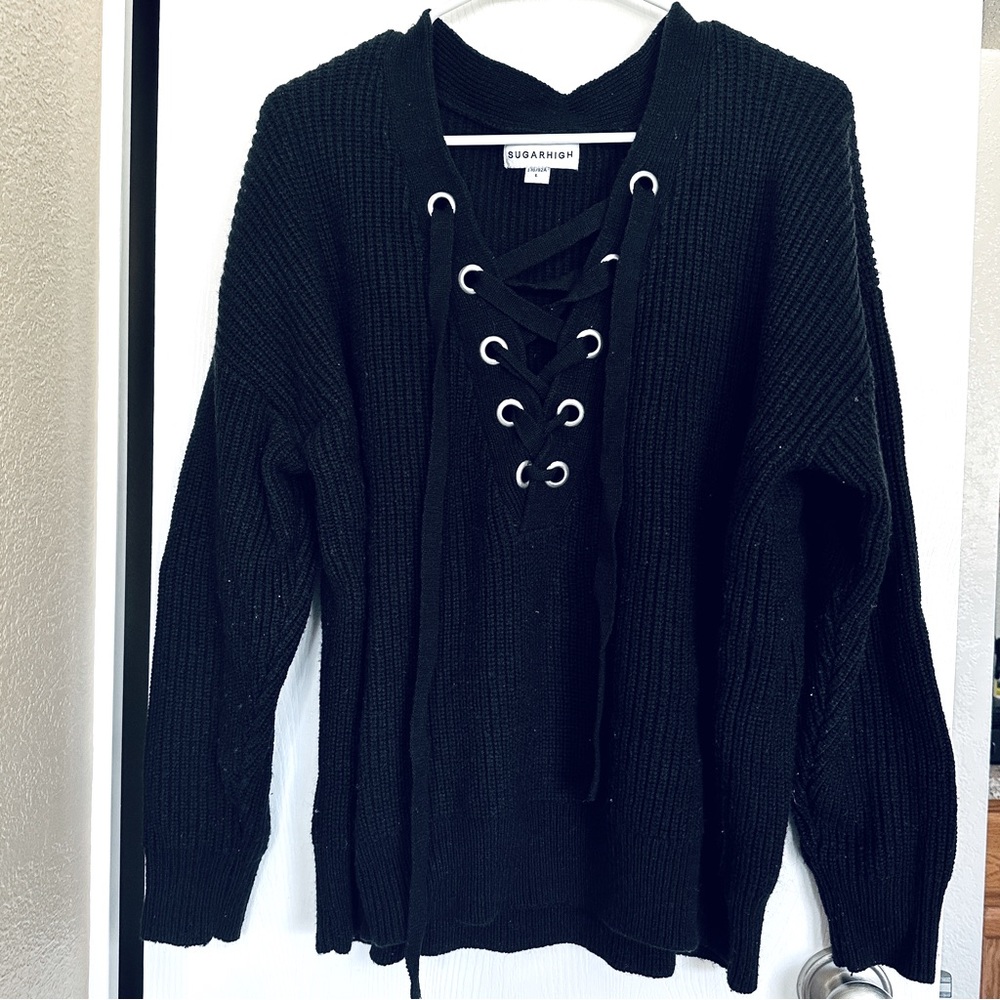 Sugarhigh Black Lace Up V-neck Sweater